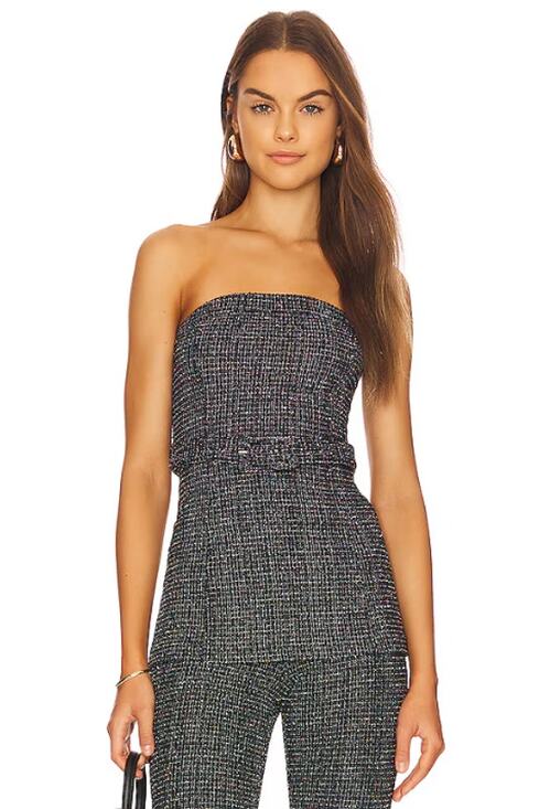 Camila Coelho Tops - Camila Coelho x REVOLVE Tweed Vanessa Strapless Top Belted Metallic Black